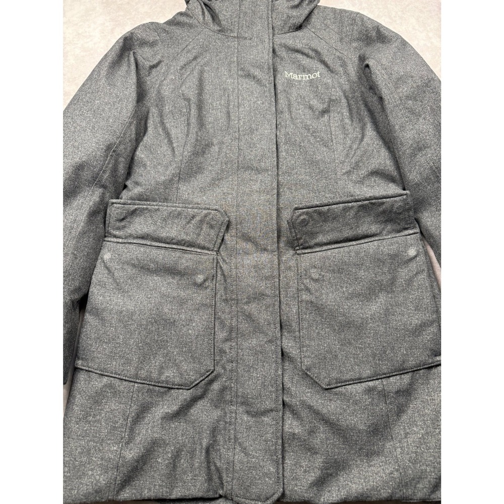 Marmot Chelsea Down Coat Gray Heathered Faux Fur Hood Waterproof Parka Womens M - Picture 9 of 16